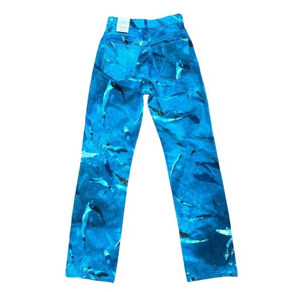 NWT ZARA Ocean Sea Life Fish Printed High Rise Straight Fit Jeans SZ 0 - Picture 7 of 12